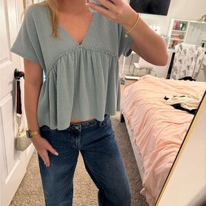 Altar'd State Green Striped V-Neck Blouse